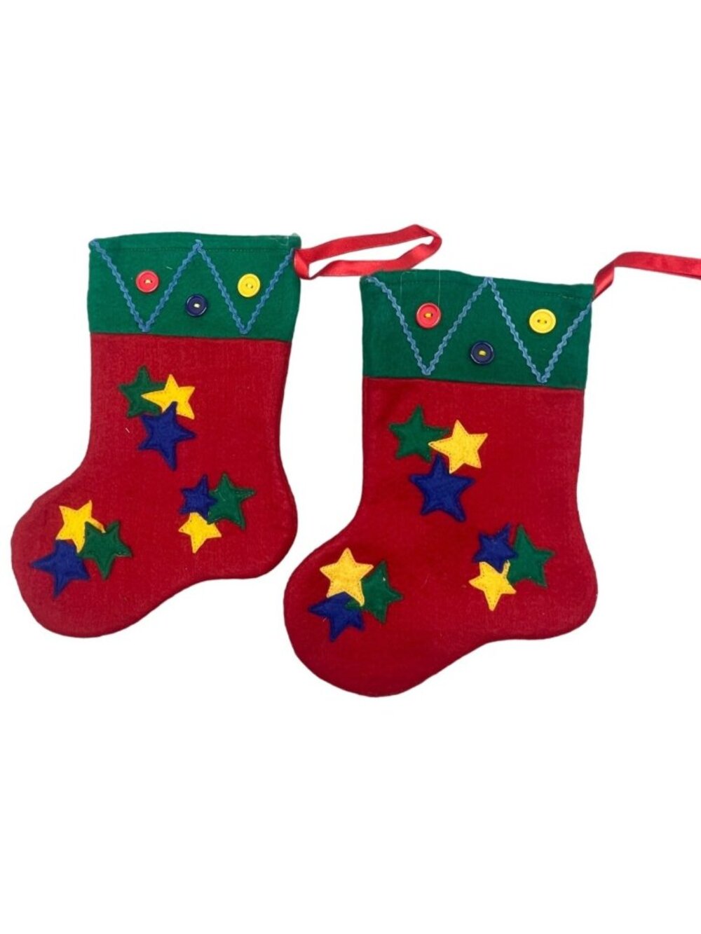 set of 2 Christmas stocking red green stars button felt 10" decor READ